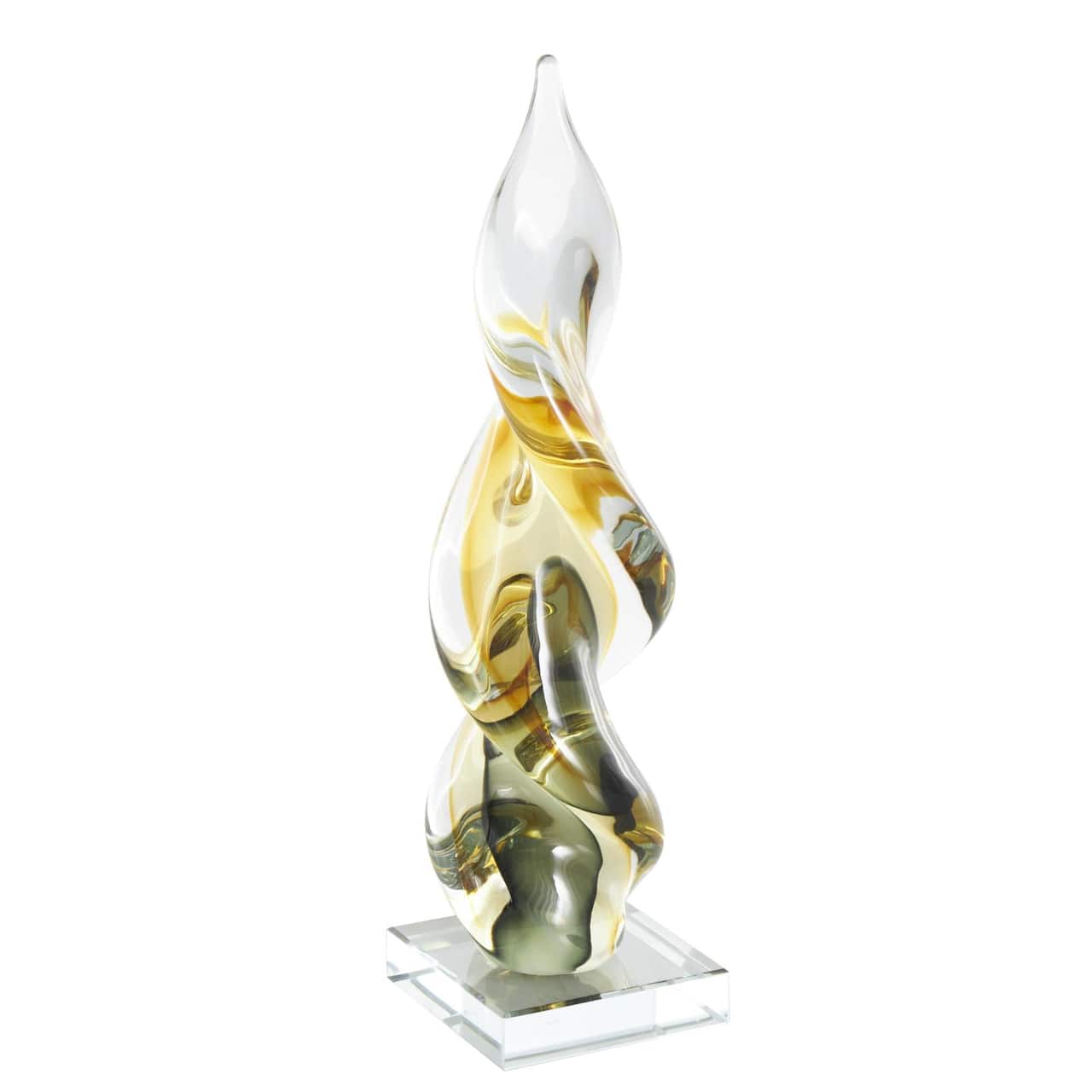 12" Clear, Yellow & Green Abstract Glass Sculpture